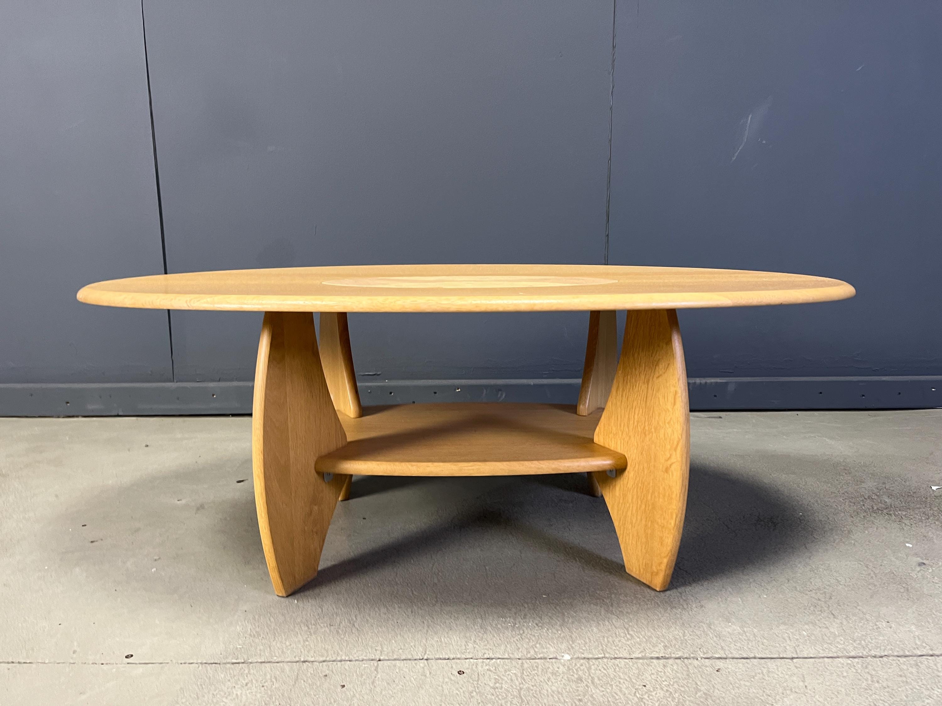 Table Basse Vintage En Bois De Hêtre Et Pierre, Années 1980 - Table Ovale Cocktail
