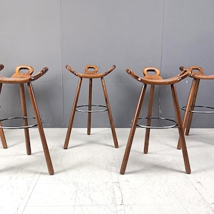 Mid century brutalist bar stools - set of 5, 1960s - vintage wooden bar stools - brutalist stools - oak bar stools - vintage bar stools