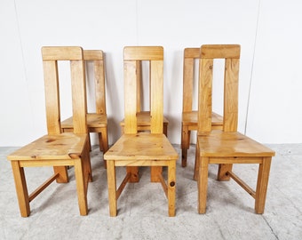 Set of 6 highback pine wood dining chairs, 1970s - vintage pine wood dining chairs - vintage dining chairs - rustic dining chairs