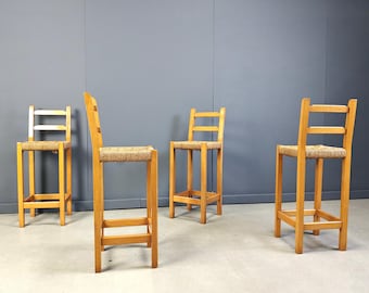 Stare, dębowe hokery barowe z papierowym sznurkiem, lata 60. - stare hokery barowe - rustykalne hokery barowe - bar - bar - hokery kawiarniane