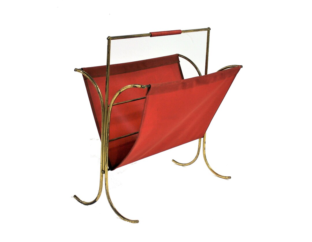 Vintage Brass Magazine Rack With Red Vinyl, 1960s - Mid Century Modern ...