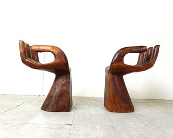 Pair of teak hand shaped chairs, 1970s - vintage wooden hand chairs - mid centur chairs - sculpted chairs