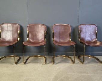 Vintage brass and brown leather dining chairs by Willy Rizzo for cidue set of 4, 1970s - mid century modern leather dining chairs