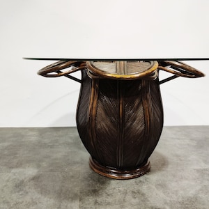 Vingtage bamboo dining table, 1970s - boho dining table - round glass dining table - vintage dining table
