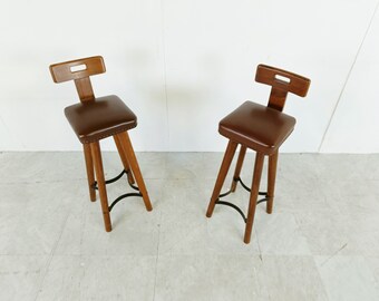 Pair of vintage brutalist bar stools, 1960s - mid century bar stools - rustic bar stools - wooden bar stools