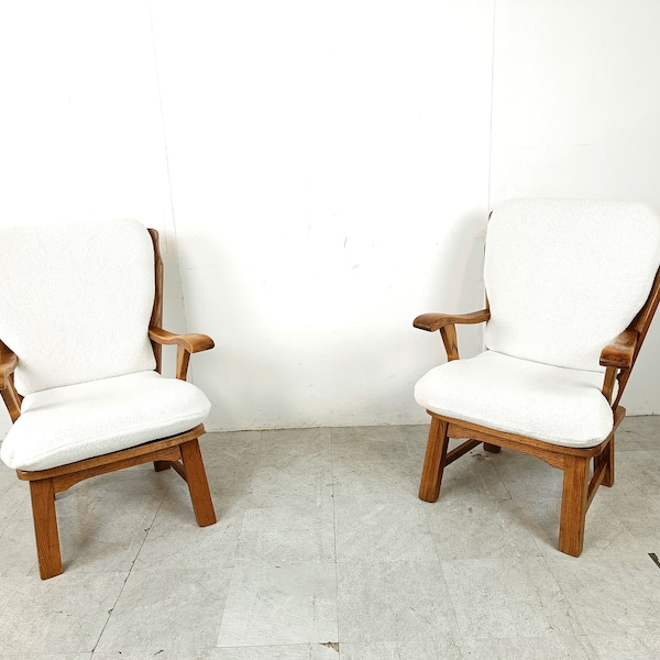 Pair of rustic armchairs, 1950s - vintage wooden armchairs - boucle fabric armchairs - farm armchairs - oak armchairs