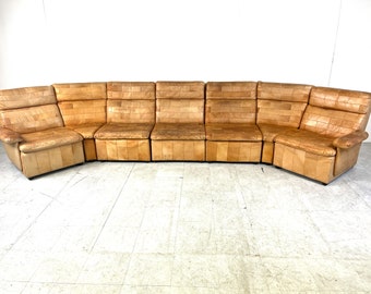 Vintage brown patchwork leather modular sofa, 1970s - mid century modern modular sofa - 1970s sofa - vintage sofa set - vintage  sofa