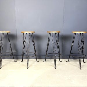Vintage french wrought iron bar stools, 1960s - set of 4 - mid century bar stools - metal bar stools - wooden bar stools