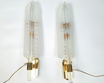 Pair of Large by Andre Arbus (1903-1969) & Veronese, 1950s - vintage crystal wall lamps - brass wall lamps