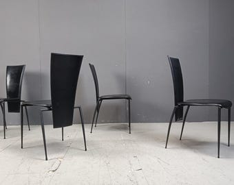 Black postmodern dining chairs by Arper italy, 1980s - set of 4 - vintage leather dining chairs - leather dining chairs - italian chairs