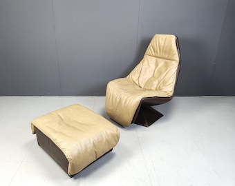 Vintage leather swivel chair with ottoman, 1970s - mid century lounge chair - design lounge chair - vintage lounge chair