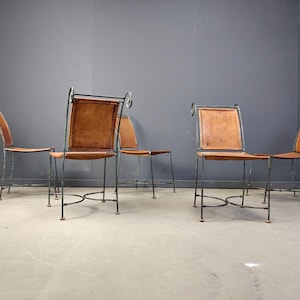 Spanish wrought iron dining chairs, 1960s - vintage leather dining chairs - vintage design dining chairs - rustic chairs