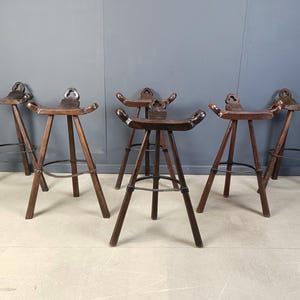 Mid century brutalist bar stools - set of 6, 1960s - vintage wooden bar stools - brutalist stools - oak bar stools - vintage bar stools