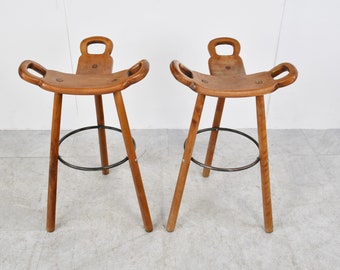 Mid century brutalist bar stools - set of 2, 1960s - vintage wooden bar stools - brutalist stools - oak bar stools - vintage bar stools