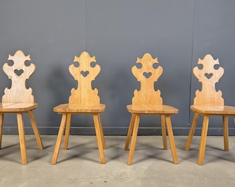 Sillas tirolesas rústicas vintage, década de 1960 - sillas de comedor de madera vintage - sillas de comedor con forma de corazón - sillas de comedor de madera tallada
