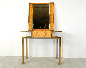 Vintage burl wood console with mirror, 1970s - vintage console table - hollywood regency console table - hallway table