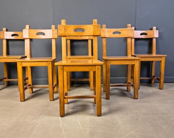 Vintage oak brutalist chairs, 1960s - set of 6  - vintage side chairs - wooden dining chairs - spanish brutalist chairs