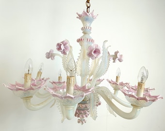 Vintage floral murano glass chandelier, 1950s - mid century modern glass chandelier - vintage glass chandelier
