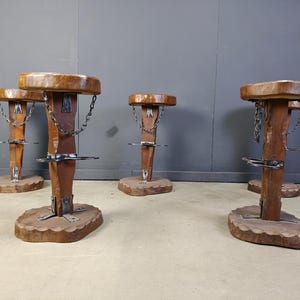 Vintage brutalist bar stools, set of 5 - 1960s - vintage wooden bar stools - brutalist stools - oak bar stools - vintage bar stools