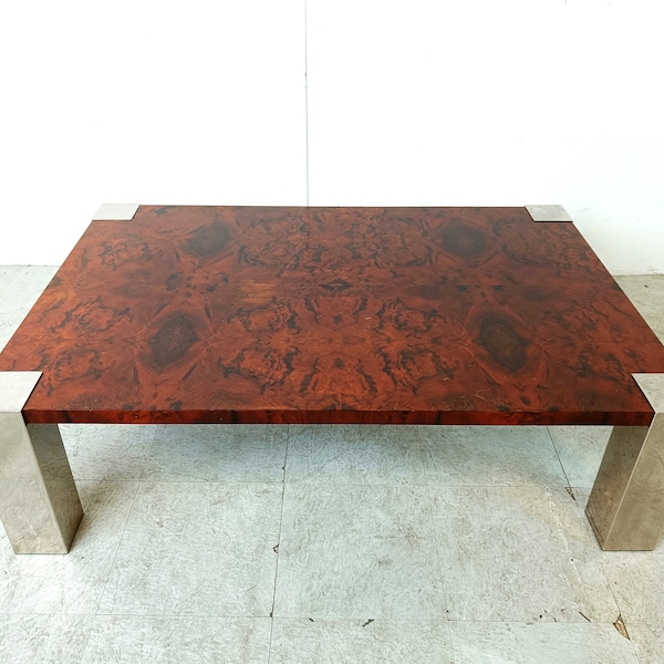 Table basse vintage en ronce de bois par Cidue, années 1970 - table basse hollywood régence - table basse luxueuse - table basse jean claude mahey