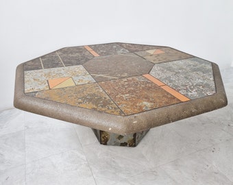 Mesa de centro brutalista de pizarra, década de 1970 - mesa de centro brutalista - mesa de centro de pizarra - mesa de metal y piedra - mesa de centro Kingma