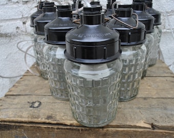 Industrial &#39;mason jar&#39; lights, 1970s - vintage industrial lamps - small glass lamps - bakelite pendant lights