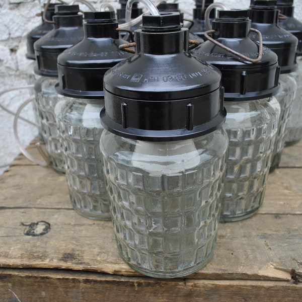 Industrial 'mason jar' lights, 1970s - vintage industrial lamps - small glass lamps - bakelite pendant lights