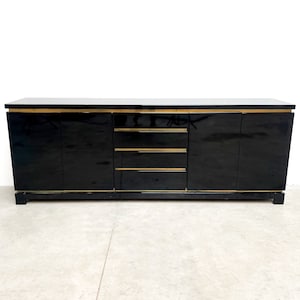 Brass and lacquer sideboard by Jean Claude Mahey, 1970s - hollywood regency credenza - vintage credenza - black lacquer credenza