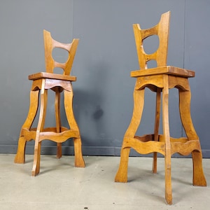 Vintage brutalist bar stools, set of 4 - 1960s - vintage wooden bar stools - brutalist stools - oak bar stools - vintage bar stools