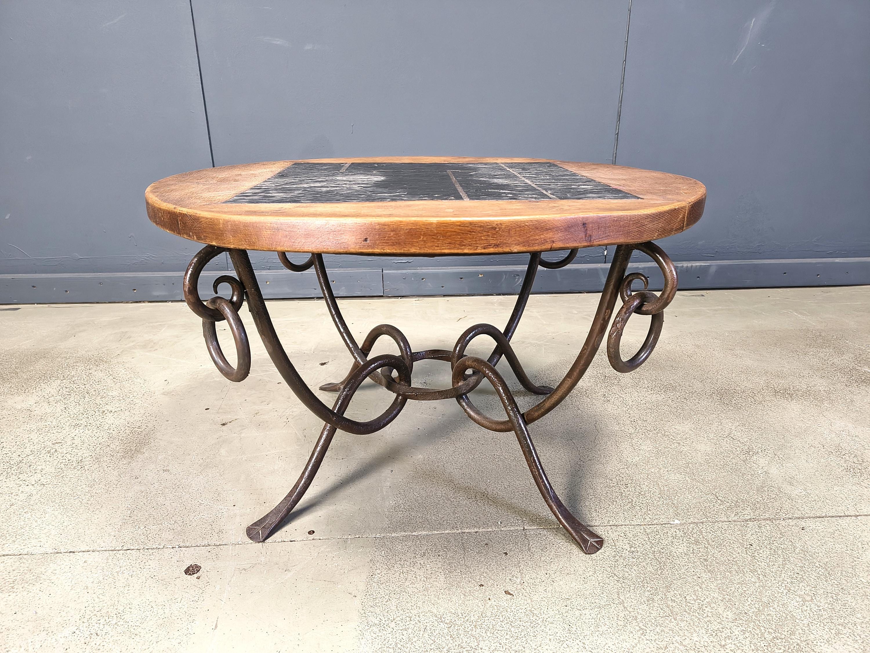 Table Basse En Fer Forgé Par René Drouet, Années 1940 - Table Dorée Ronde Antique Française Ancienne