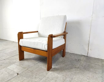 Vintage pine wood armchair, 1960s - vintage boucle armchair - mid century armchair - vintage armchair