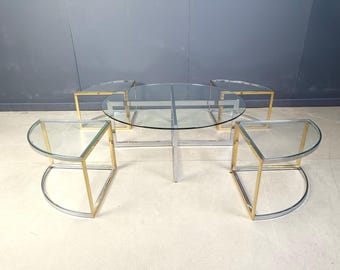 Large coffee table set by Maison Charles, 1970s - vintage nesting tables - brass coffee table - chrome coffee table - hollywood regency