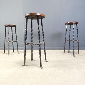 Vintage french wrought iron bar stools, 1960s - set of 3 - mid century bar stools - metal bar stools - wooden bar stools