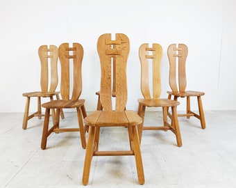 Vintage dining chairs by Depuydt, Belgium, set of 6 - 1960s - brutalist dining chairs  - high back oak chairs - brutalist design