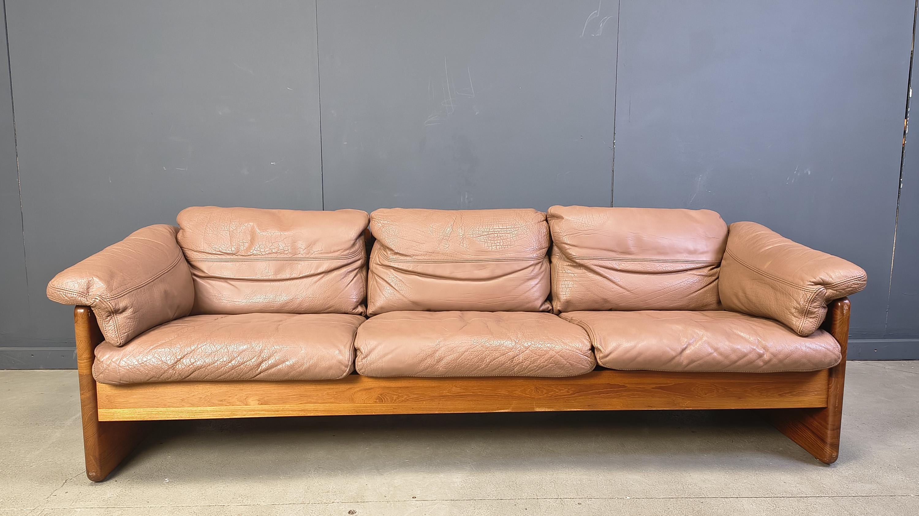 Canapé 3 Places En Cuir Et Teck Par Mikael Laursen, Danemark, Années 1970 - Canapé Scandinave Vintage Mid-Century