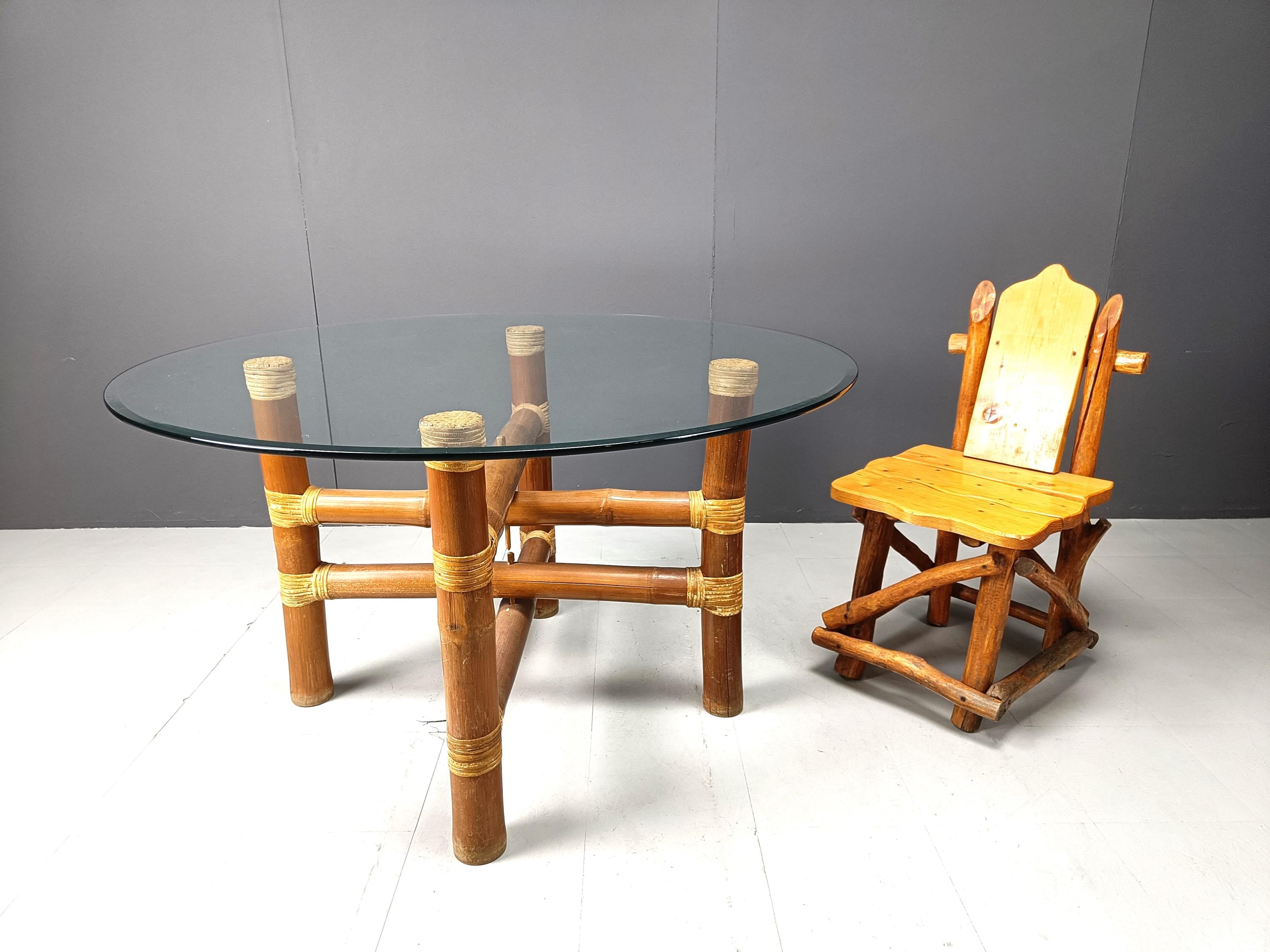 Table À Manger Vintage En Bambou, Années 1970 - Grande Table Verre Design Bohème
