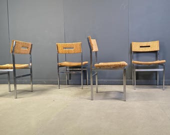 Belgische rieten en verchroomde eetkamerstoelen, jaren 70 - set van 4 - vintage design eetkamerstoelen - verchroomde eetkamerstoelen - designstoelen