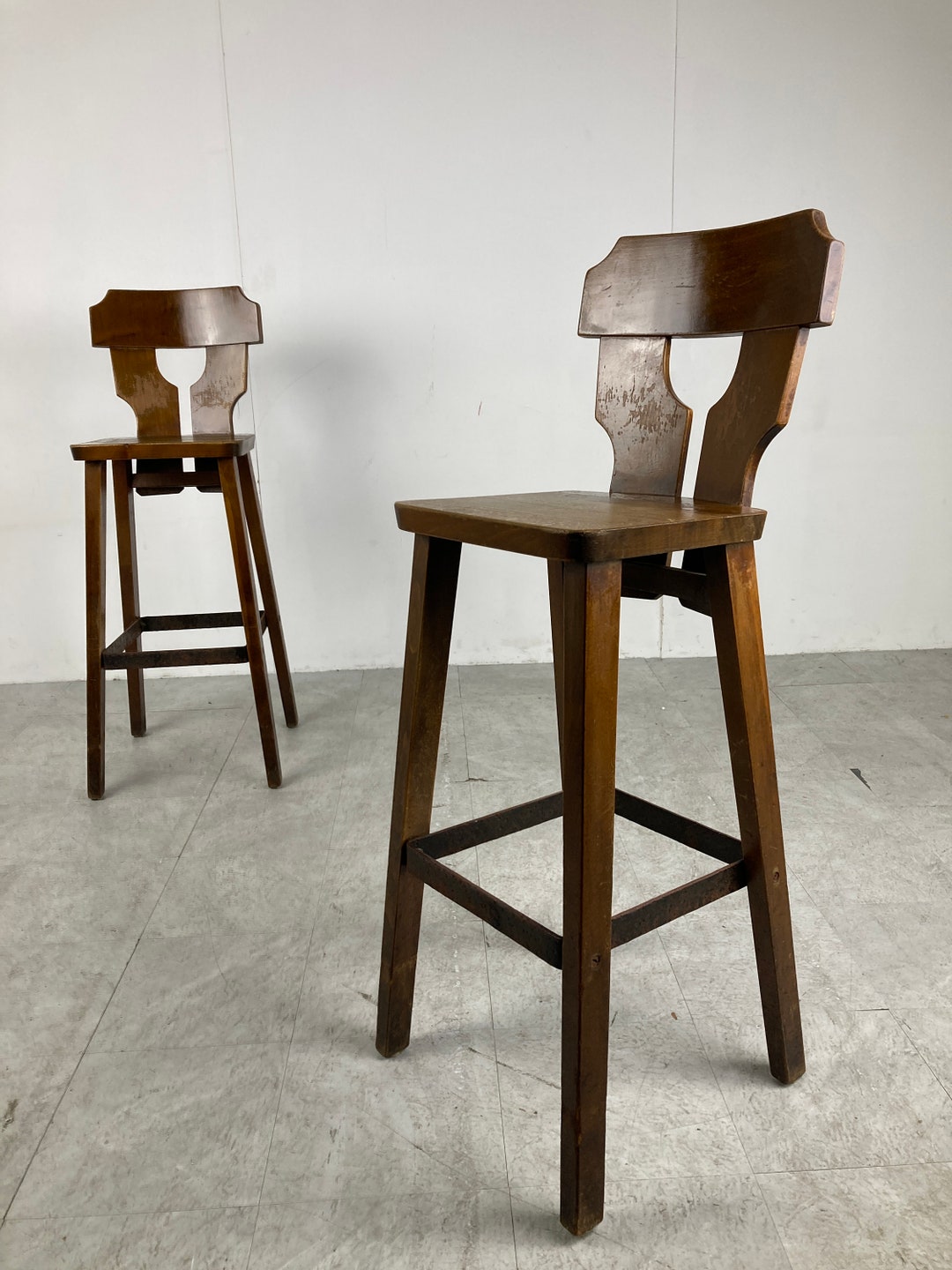 Mid Century Brutalist Bar Stools Set of 2, 1960s Vintage Wooden Bar