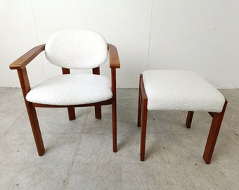 Vintage armchair with footstool, 1960s - vintage armchair - wooden chair - bouclé chair