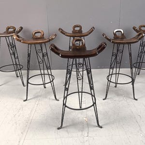 Vintage spanish wrought iron bar stools, 1960s - set of 6 - mid century bar stools - metal bar stools - wooden bar stools