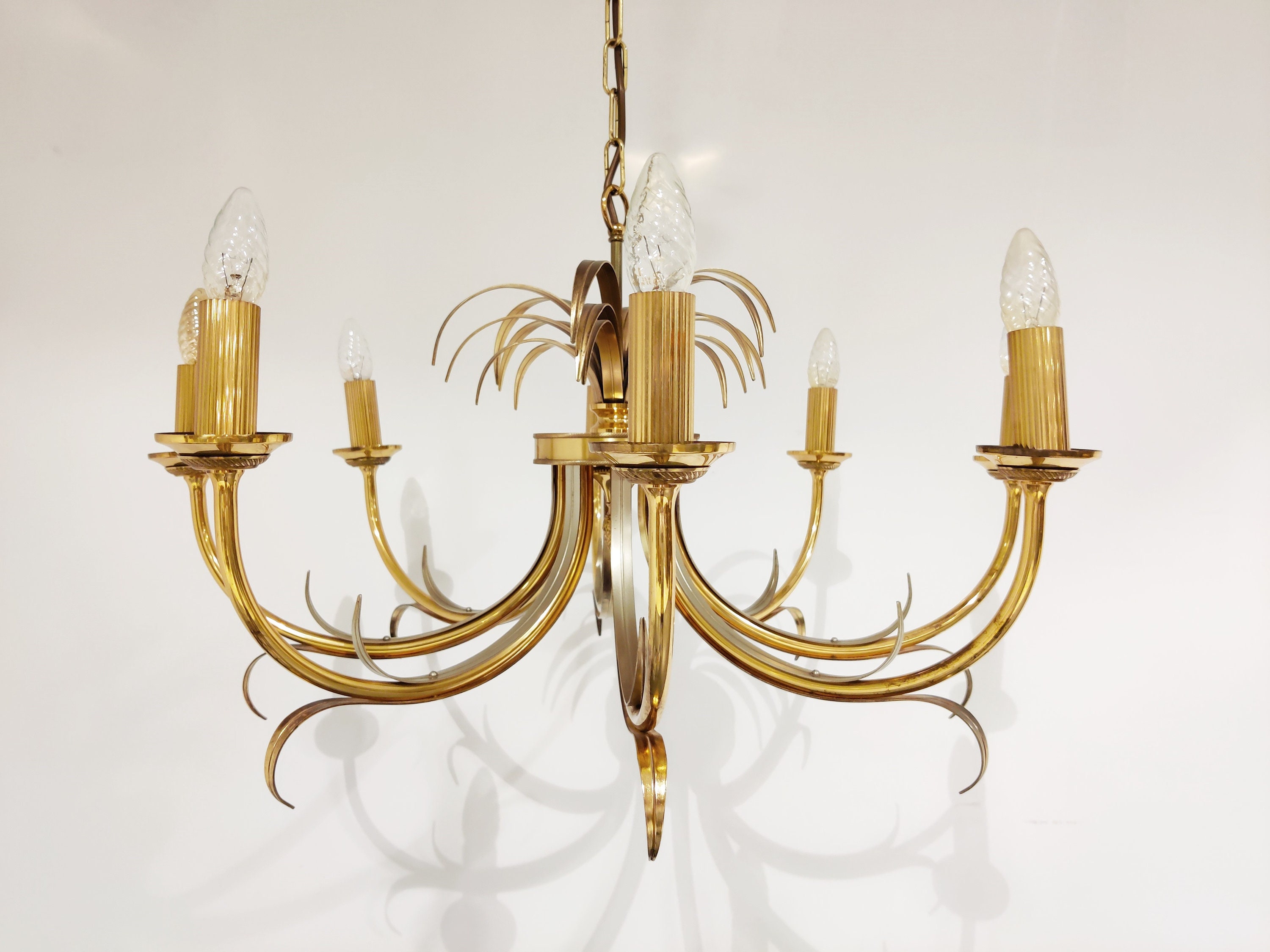 Brass and Chrome Pineapple Chandelier, 1970s Brass Regency Chandelier  Attributed to Maison Jansen for Boulanger 