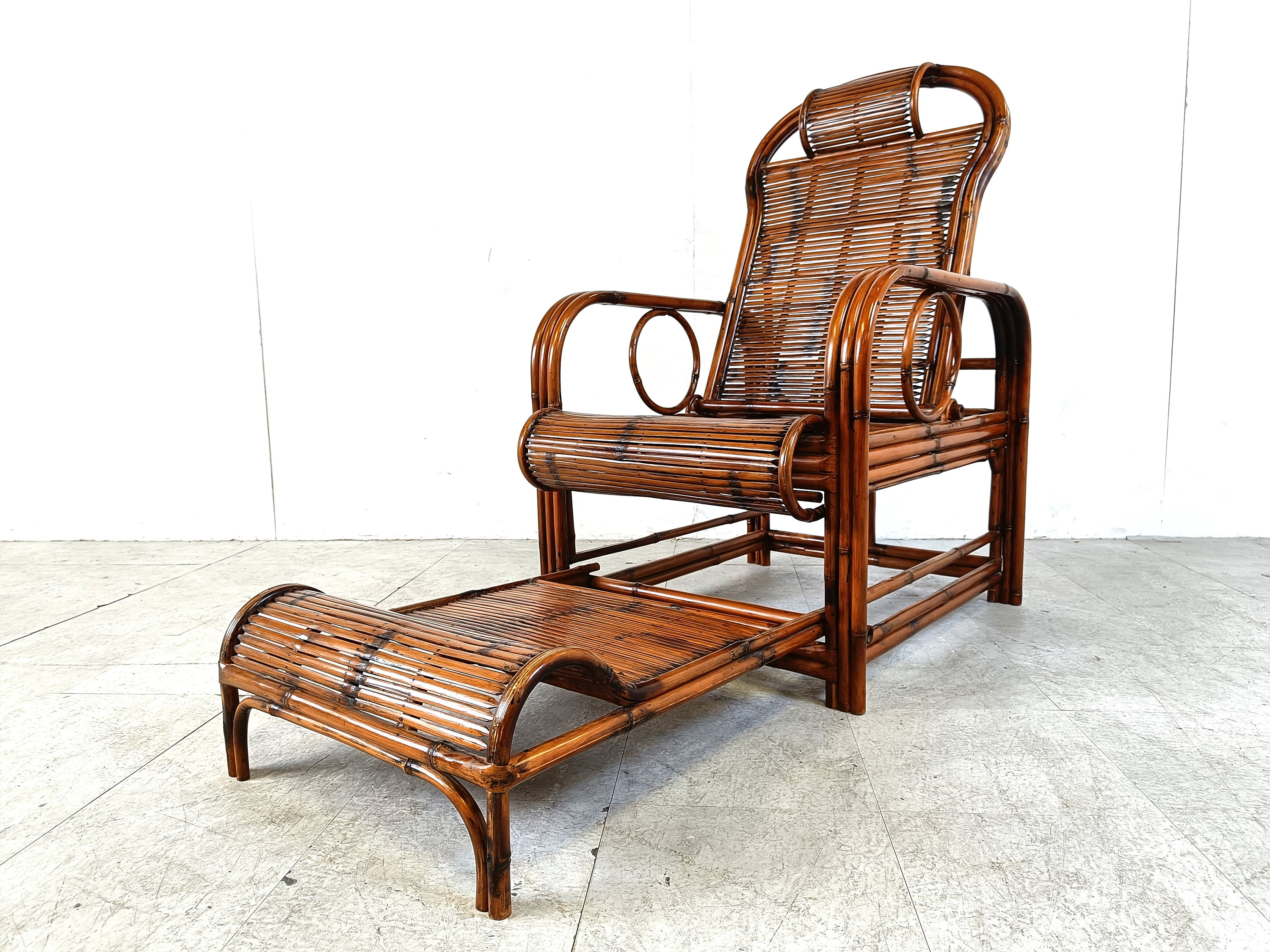 Mid century rattan and bamboo garden chair, 1950s - vintage chaise longue - wicker lounge chair