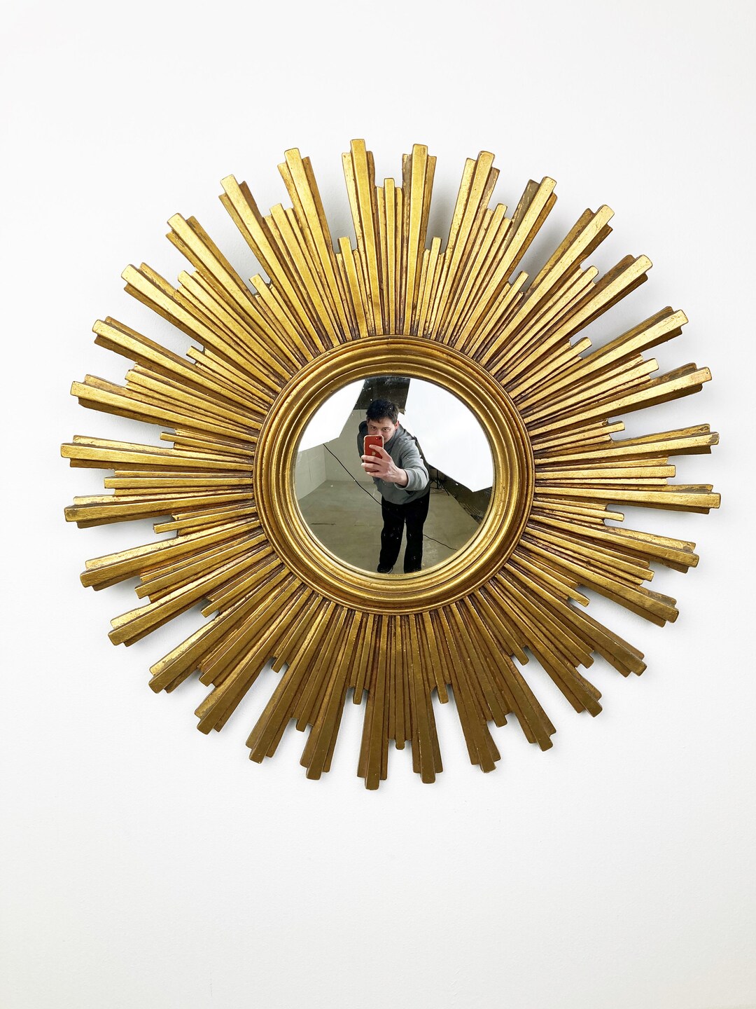 Vintage Golden Sunburst Mirror, 1960s Gilded Sunburst Mirror Vintage