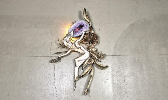 XL Illuminated amethyst wall sculpture by Marc D'Haenens, 1970s - brass wall sculpture - vintage wall sculpture - illuminated wall sculpture