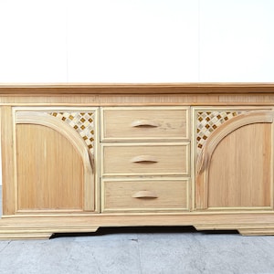 Vintage pencil reed and ceramic tile sideboard, 1970s - mid century bamboo sideboard - vintage bamboo credenza - bohemian style