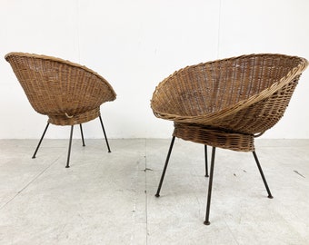 Vintage italian wicker lounge chairs, set of 2 - 1960s - mid century modern lounge chair - wicker chairs - unique wicker chairs