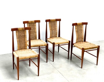 Vintage teak and wicker dining chairs, 1960s - mid century dining chairs - vintage dining chairs - italian dining chairs