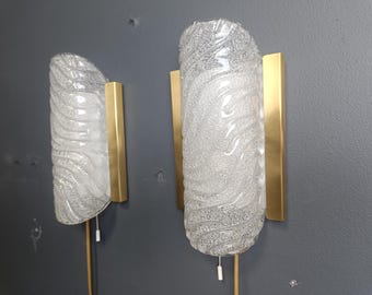 Pair of glass and brass wall sconces by Fischer Leuchten, 1960s - vintage wall lamps - vintage design lights
