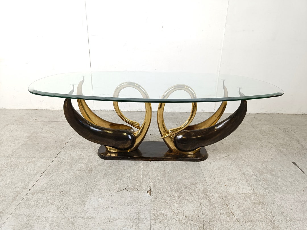 Vintage Brass Swan Coffee Table 1980s Vintage Hollywood Regency Coffee