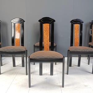 Vintage burl wood and lacquer dining chairs, 1980s - vintage french dining chairs - design dining chairs - hollywood regency